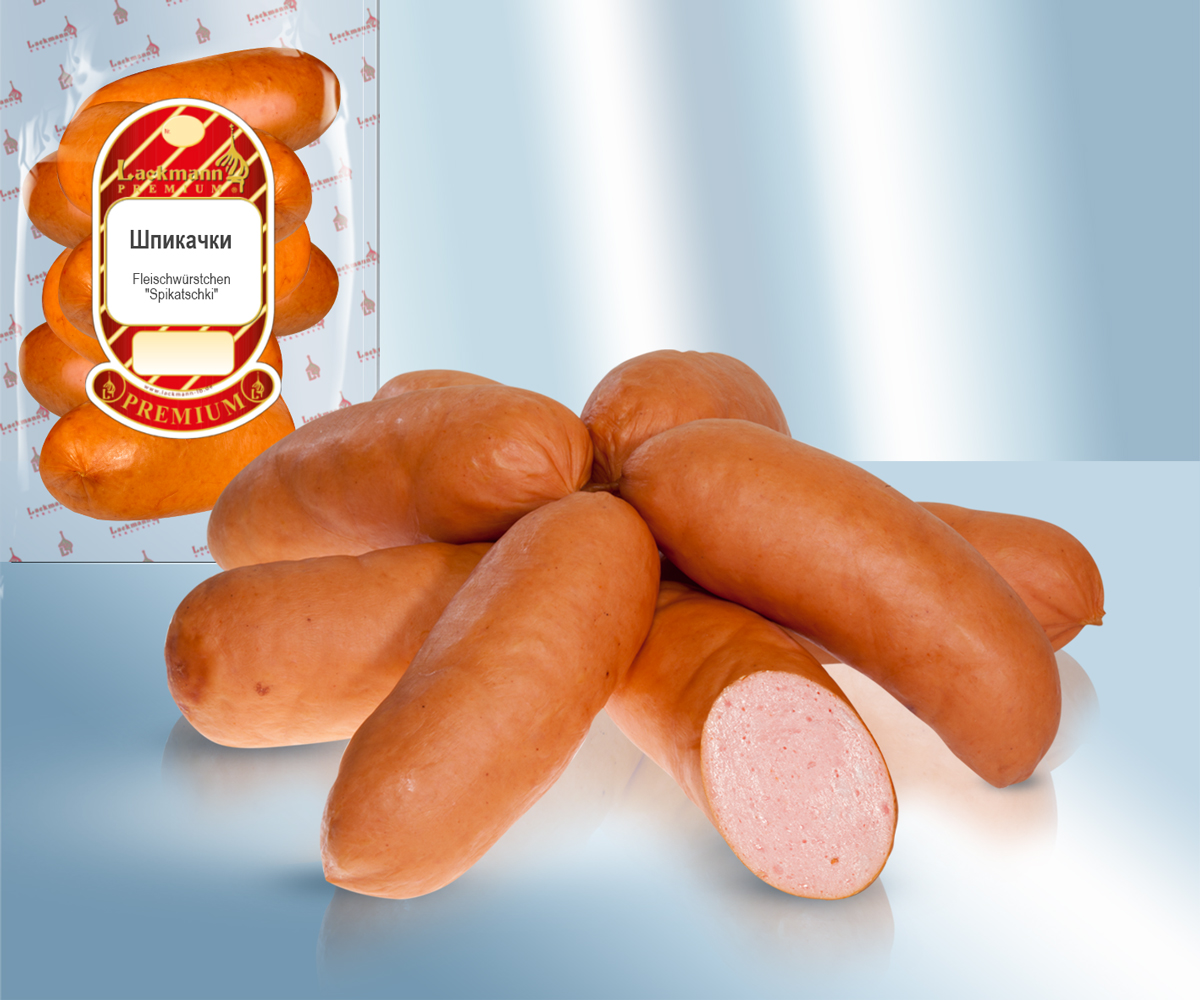 Especialidad de salchicha Brühwurst con trozos de tocino según receta rusa