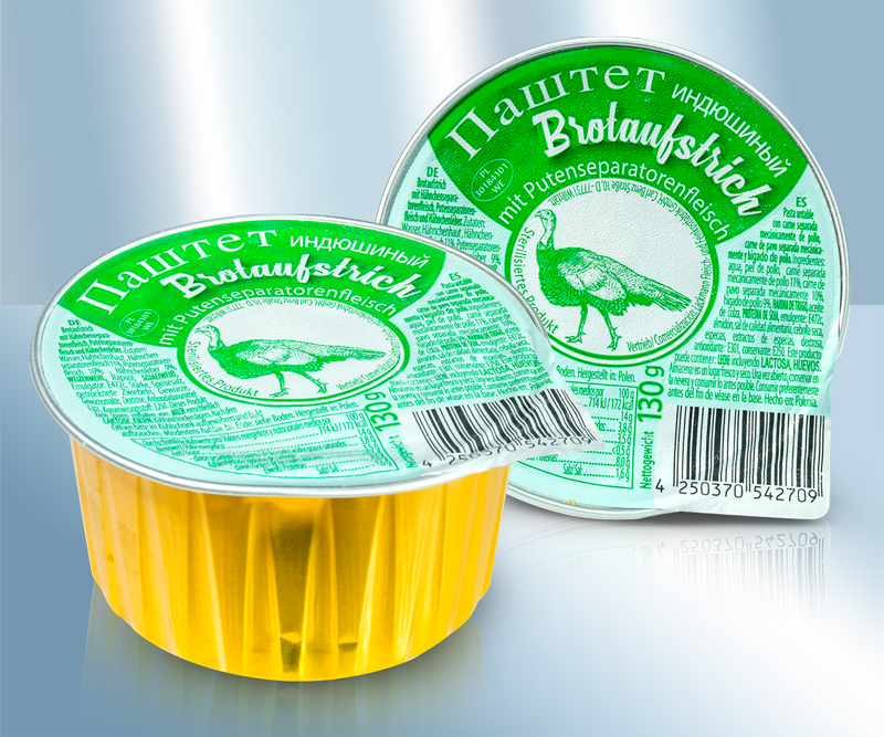 Pasta untable con carne de pollo separada mecánicamente, Carne de pavo separada mecánicamente y hígado de pollo.